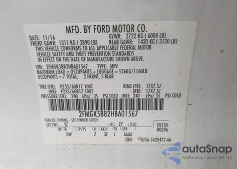2017 Ford Flex Se from USA, damaged, VIN 2FMGK5B82HBA01567